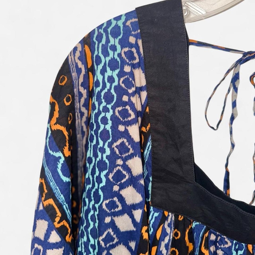 Moda International Blue Orange Ikat Square Neck Open Back Tie Top Large
